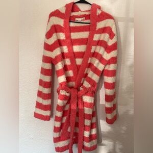 Barefoot dreams robe cozy chic hood coral stripe pockets belted-size 1